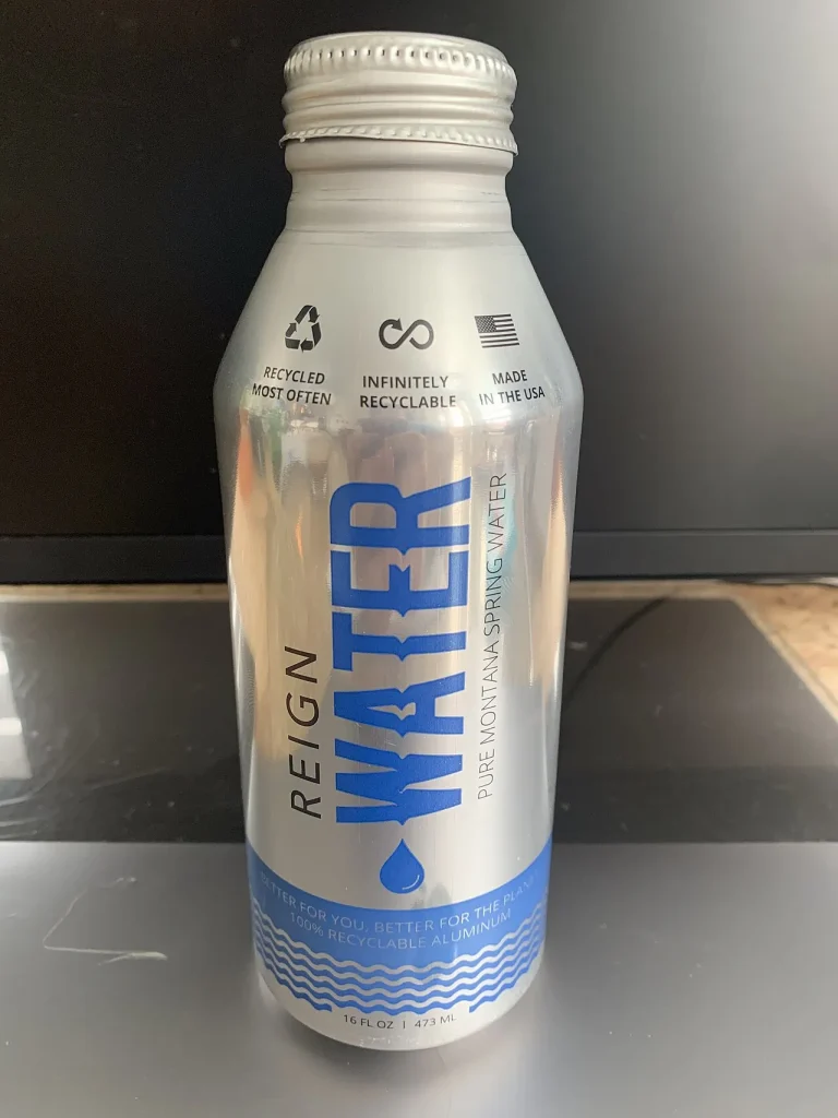 A can of drinking spring water photographed at home