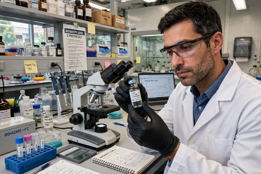 Personalised Neoantigen Vaccine Tested in Ovarian Cancer Patients Researcher in a laboratory holding a vaccine vial for cancer immunotherapy research