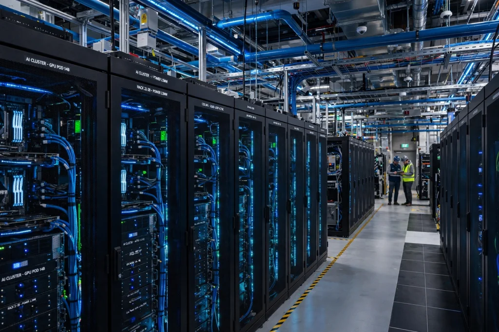 AI Data Center Spending Is Outrunning Revenue: Why the Math Is Getting Harder Rows of servers inside a modern AI data centre with blue lighting