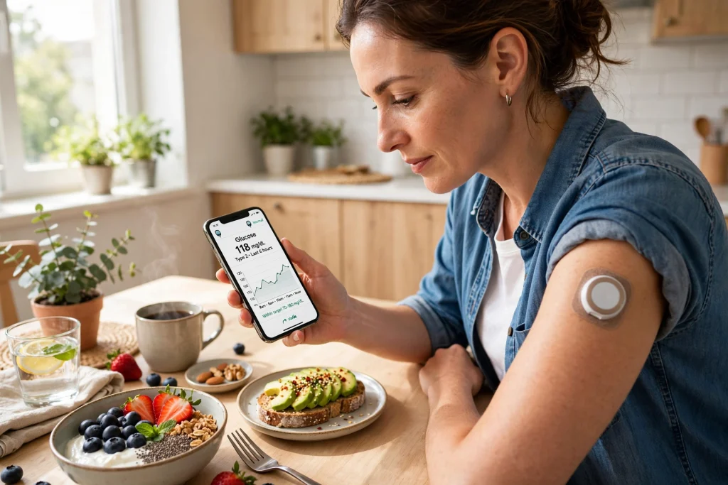 Person with type 2 diabetes checking a continuous glucose monitor reading on a smartphone